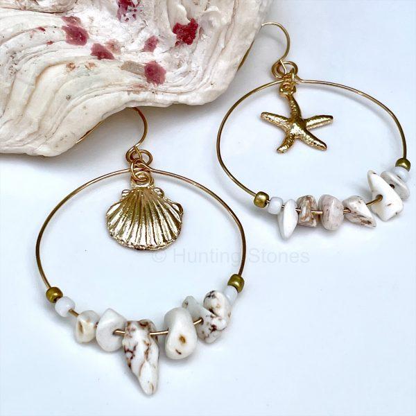Shell Starfish Gold Hoop Howlite Earrings