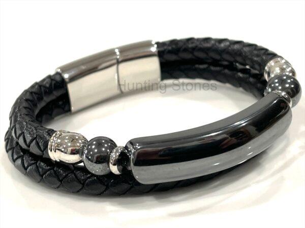 Men's Hematite and Braided Genuine Leather Bracelet - Unisex