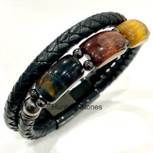 Men's Mixed Tiger Eye and Braided Genuine Leather Bracelet - Unisex