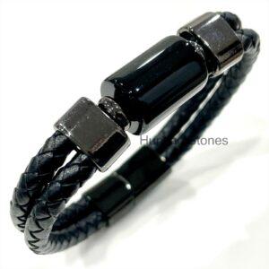 Men's Black Agate and Braided Genuine Leather Bracelet - Unisex