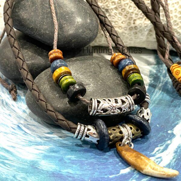 Unisex Wolf Tooth Brown Braided Double Layer Necklace