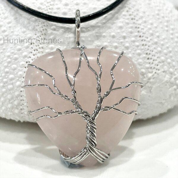 Rose Quartz Tree of Life Heart Natural Crystal Leather Necklace