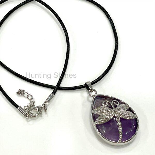 Amethyst Dragonfly Natural Crystal Leather Necklace