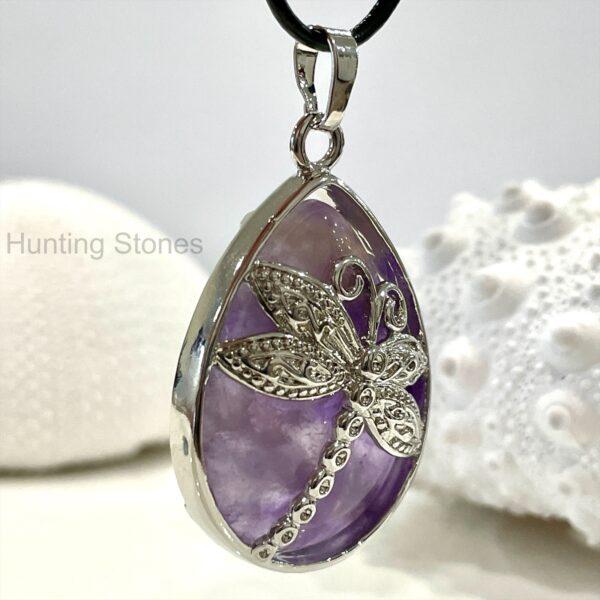 Amethyst Dragonfly Natural Crystal Leather Necklace