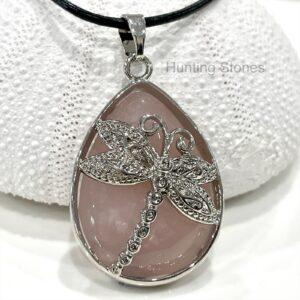 Rose Quartz Dragonfly Natural Crystal Leather Necklace