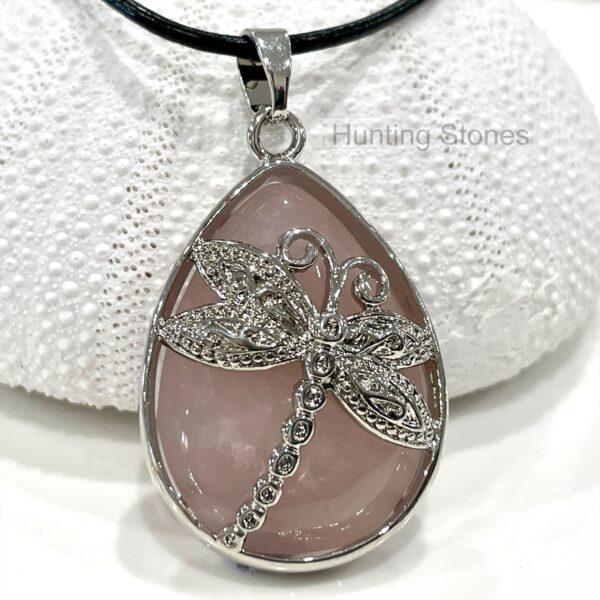 Rose Quartz Dragonfly Natural Crystal Leather Necklace