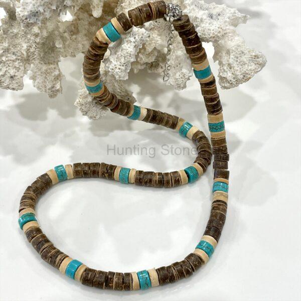 Unisex Natural Coconut Shell and Turquoise Howlite Heishi Bead Necklace