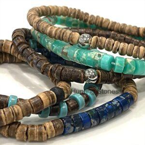 Unisex Natural Coconut Shell and Sea Sediment Imperial Jasper Bracelet Set