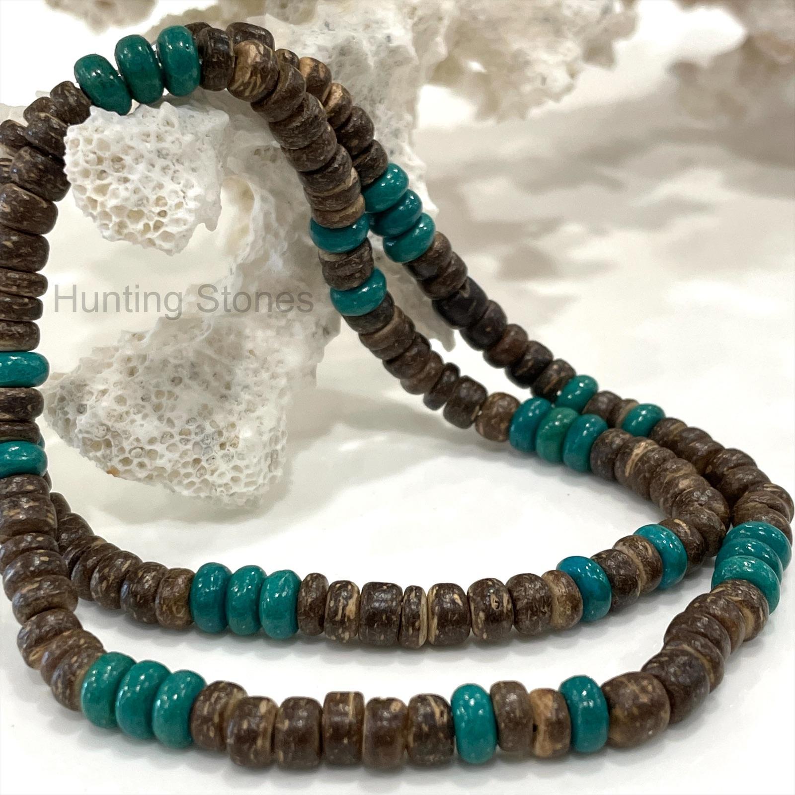 Unisex Natural Coconut Shell and Teal Bead Necklace