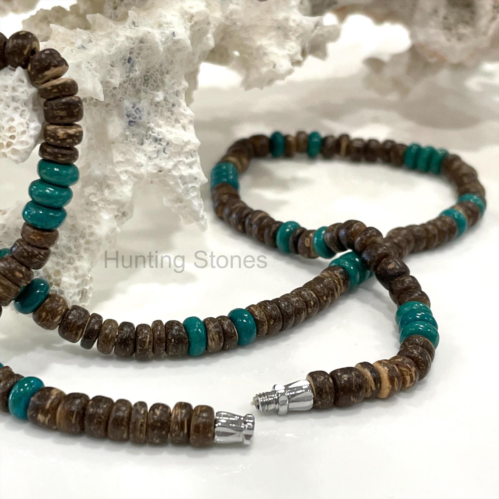 Unisex Natural Coconut Shell and Teal Bead Necklace
