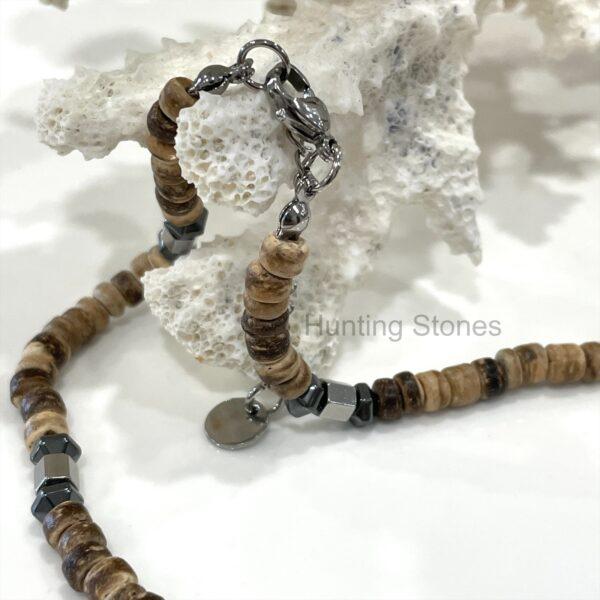 Unisex Natural Coconut Shell and Hematite Bead Necklace