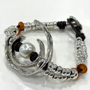 Genuine leather wrap pearl bracelet 8 inch Amber