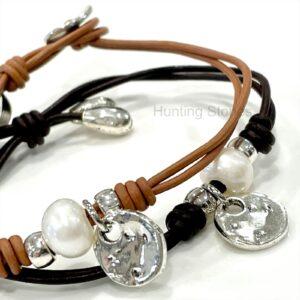 Genuine leather wrap pearl bracelet 7.5 inch 