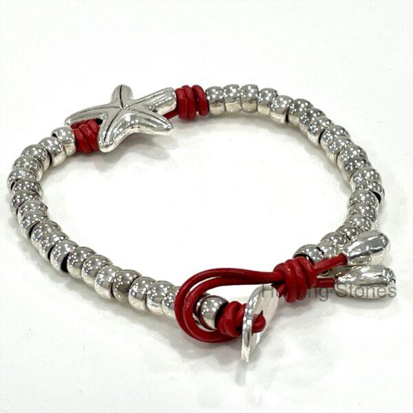Genuine leather wrap Starfish bracelet 7.5 inch Red