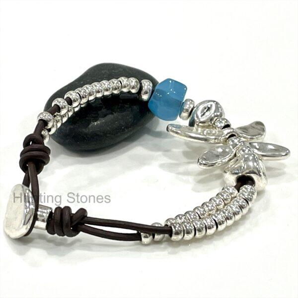 Beautiful Leather and Blue Glass Crystal Dragonfly Bracelet
