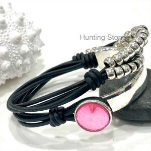 Genuine leather Pink Glass Crystal Wrap Bracelet