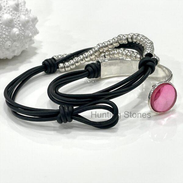 Genuine leather Pink Glass Crystal Wrap Bracelet