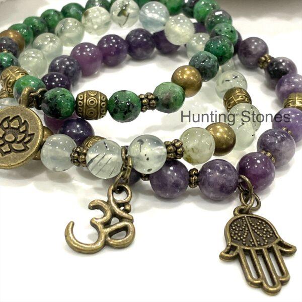 Natural Prehnite, Lepidolite and Ruby Zoisite Charmed Bracelets