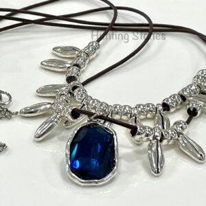 Beautiful Saphire Blue Glass Crystal Collar Leather Layered Necklace 48cm to 53cm