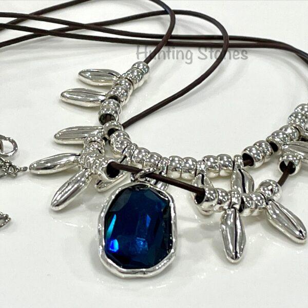 Beautiful Saphire Blue Glass Crystal Collar Leather Layered Necklace 48cm to 53cm