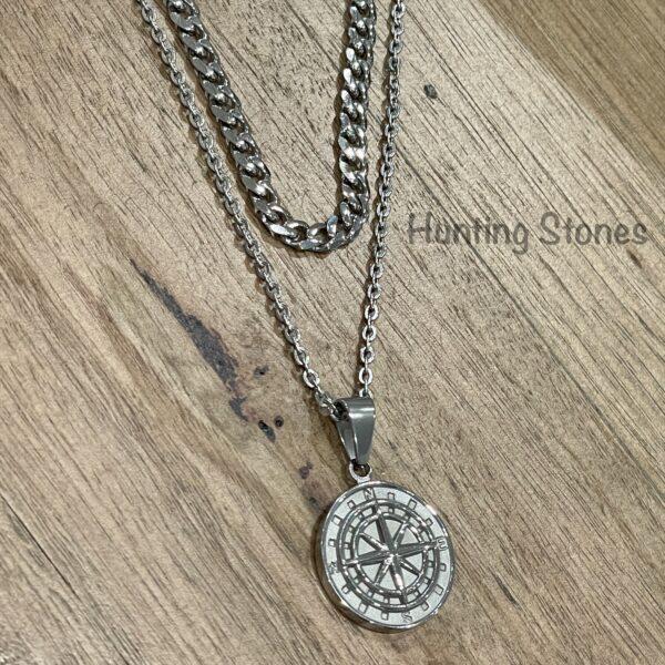 Men's Quality Stainless Steel Compass Necklace and Cuban Chain Set