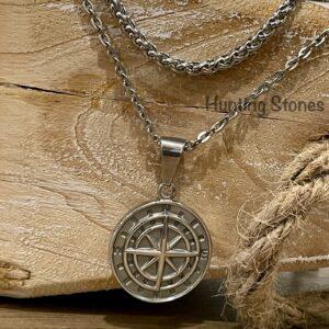 Men's Quality Stainless Steel Compass Necklace and Wheat Chain Set