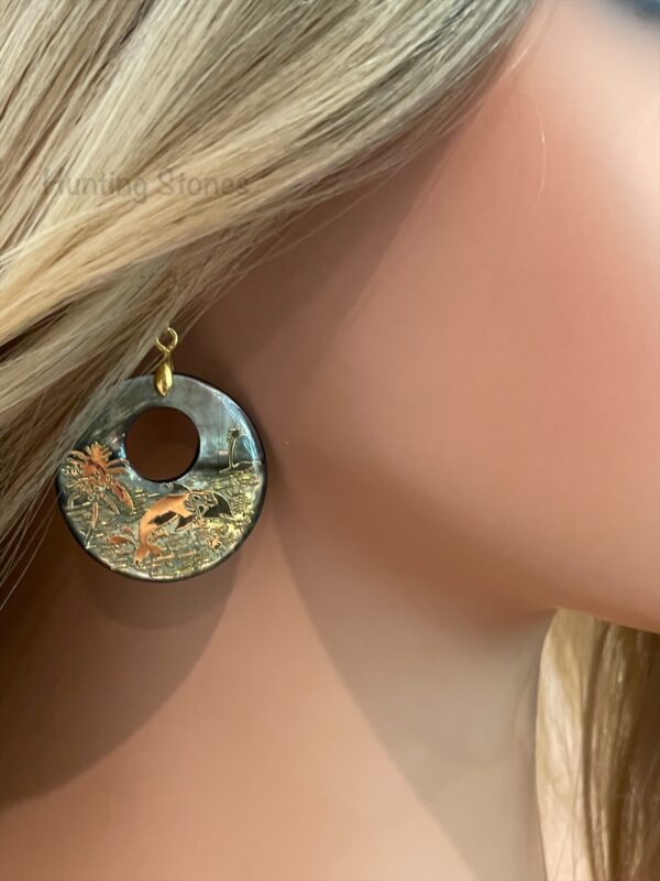 Handmade Natural Abalone Shell Dolphin Earrings Gold 30mm