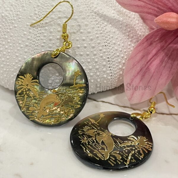 Handmade Natural Abalone Shell Dolphin Earrings Gold 30mm