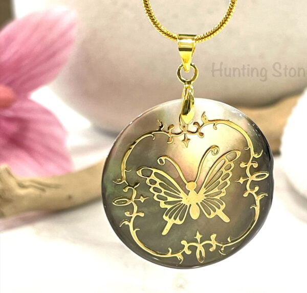 Handmade Natural Abalone Shell Gold Butterfly Necklace 30mm