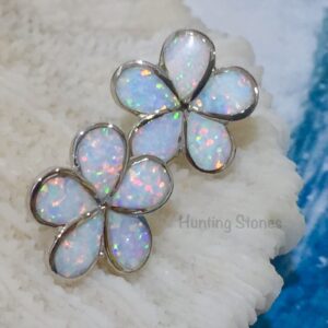 Stunning Fire Opal Tropical Flower Earrings Silver inlay 17mm White